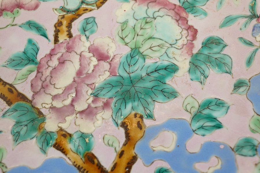 A Chinese enamelled porcelain pink ground ‘boys’ dish, mid 19th century